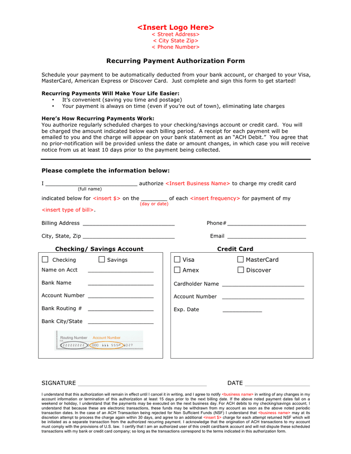 Recurring payment authorization form in Word and Pdf formats