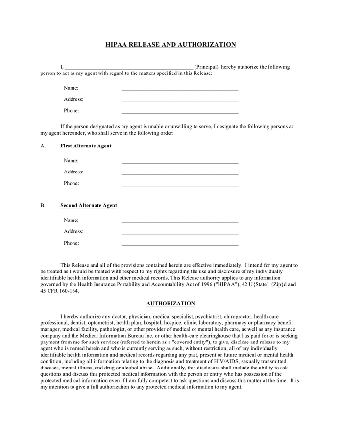 HIPAA Release Form In Word And Pdf Formats
