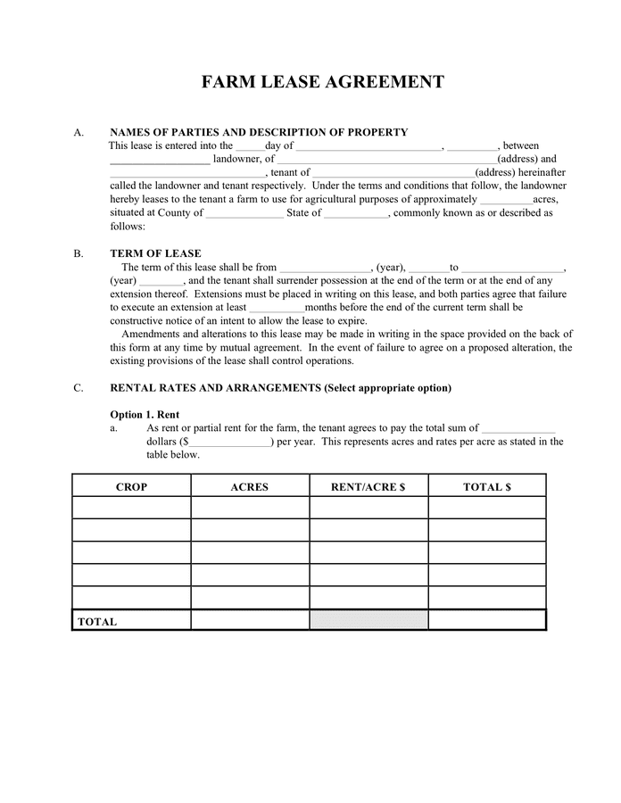 Farm Land Lease Agreement Template