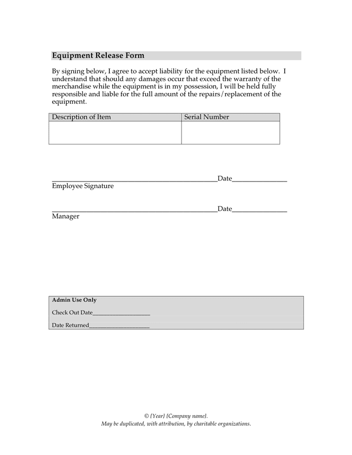 Equipment release form sample in Word and Pdf formats