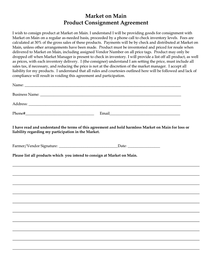 Consignment Agreement Form in Word and Pdf formats