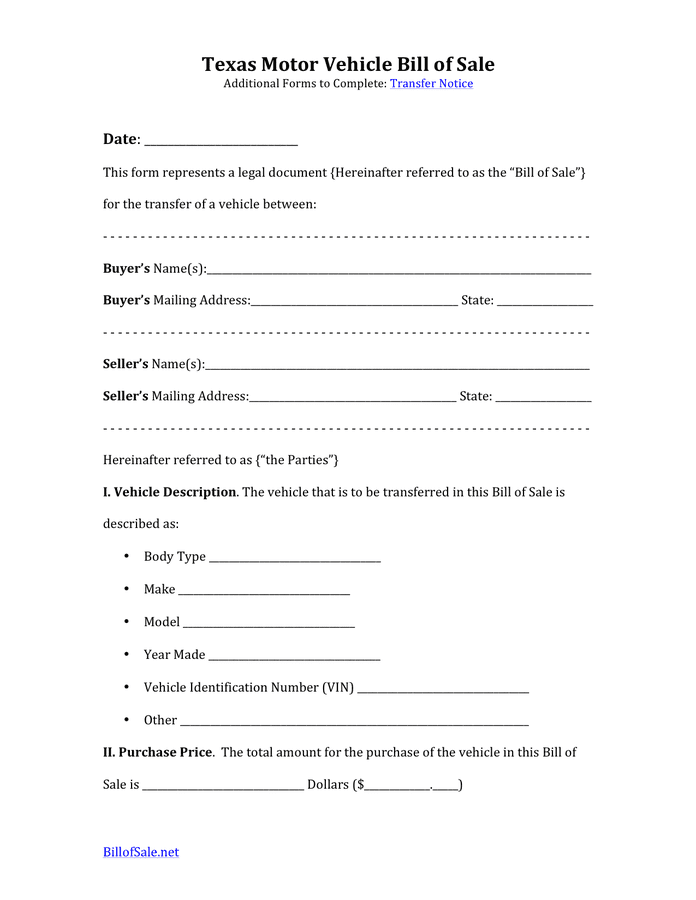 Motor Vehicle Bill Of Sale Texas In Word And Pdf Formats