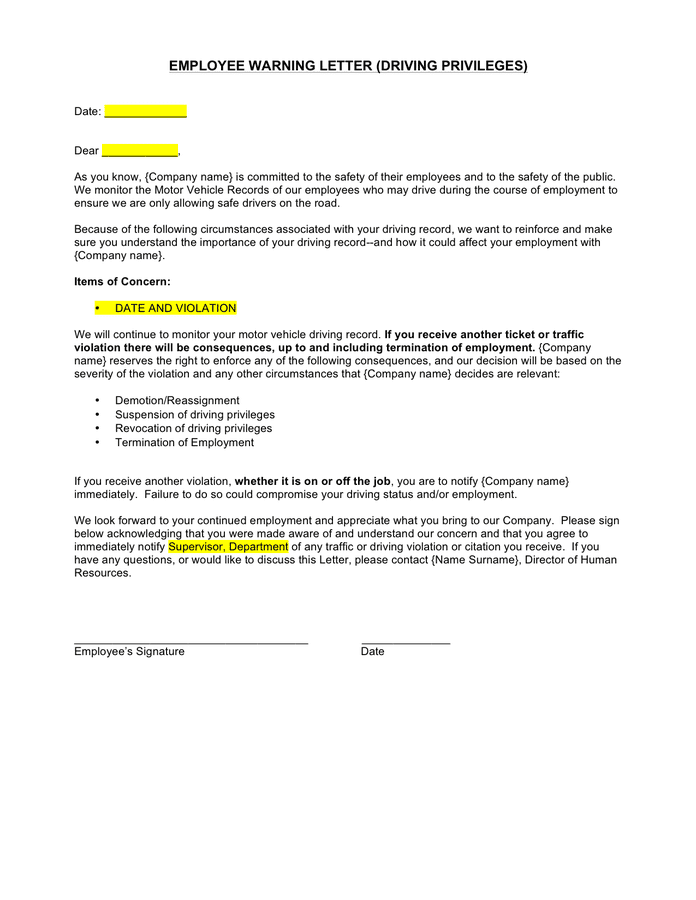 Employee warning letter (driving privileges) in Word and Pdf formats