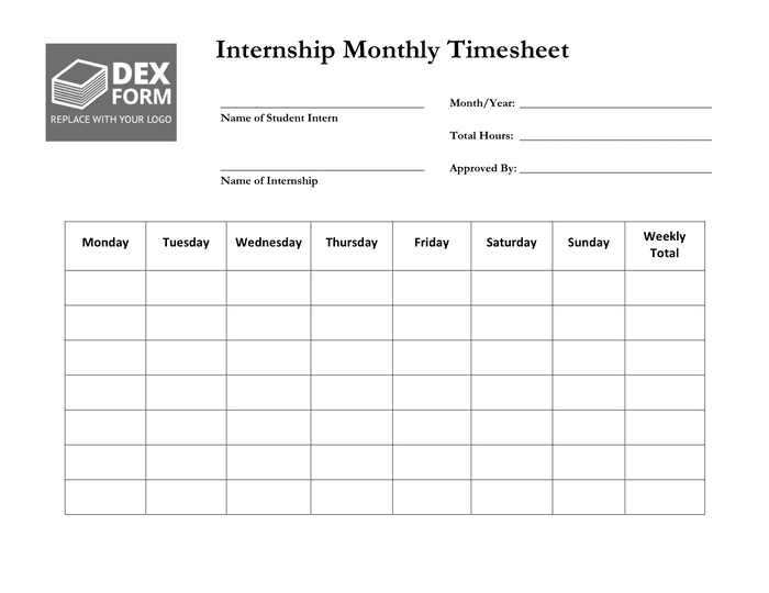 Internship monthly timesheet template in Word and Pdf formats