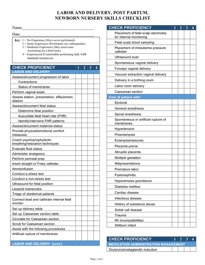 Newborn nursery skills checklist form in Word and Pdf formats