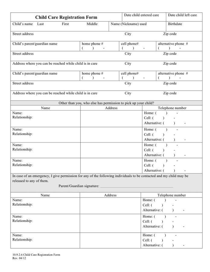 Child care registration form in Word and Pdf formats