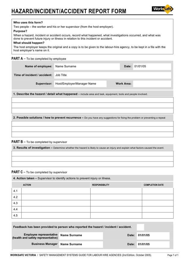 Incident Report Form Template Qld