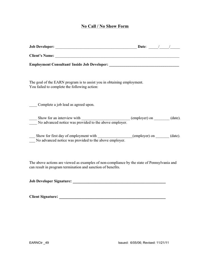 No Call No Show Write Up Template