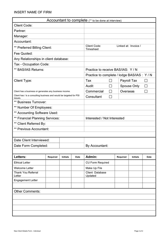 Accountant's client details form in Word and Pdf formats - page 2 of 2