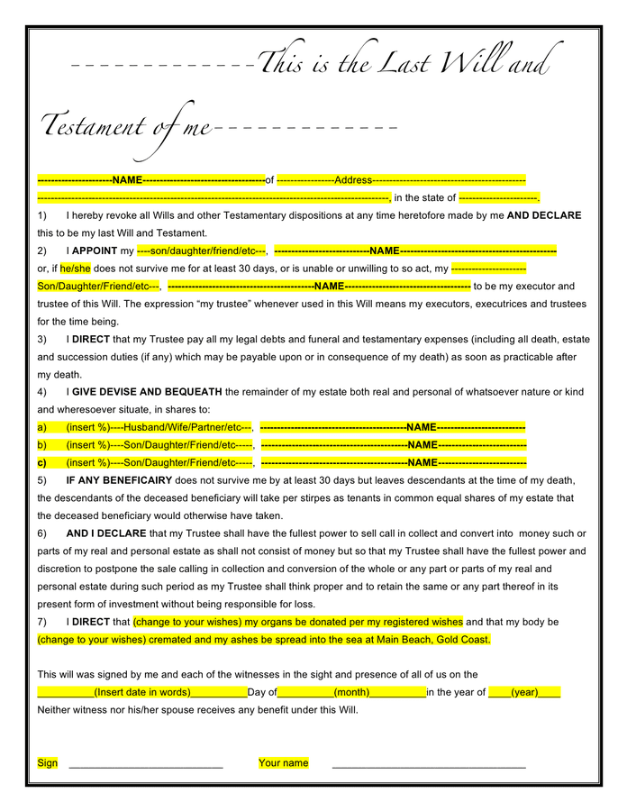 Last will and testament form in Word and Pdf formats