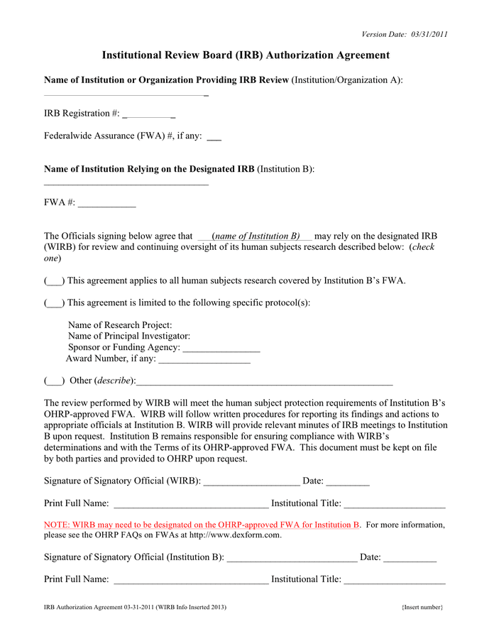 IRB authorization agreement in Word and Pdf formats