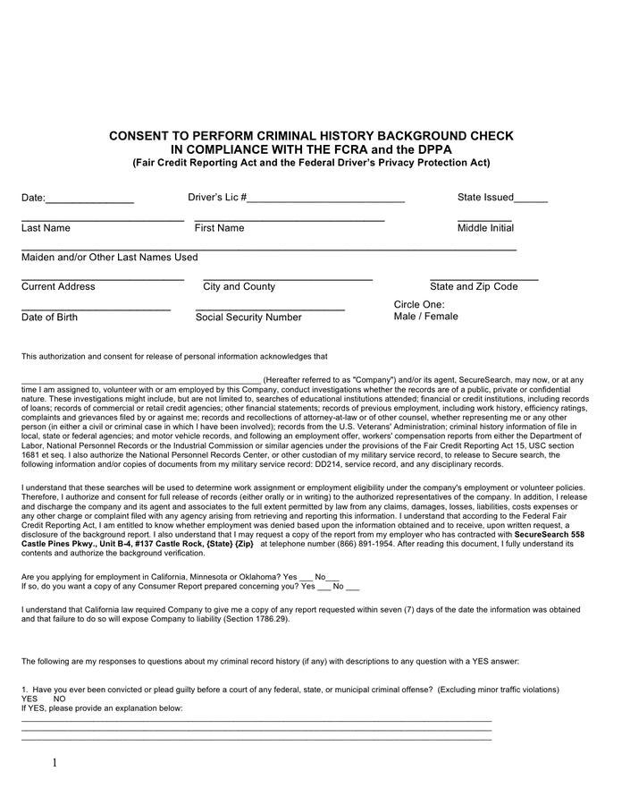 Consent To Perform Criminal History Background Check Form In Word And Pdf Formats 9423