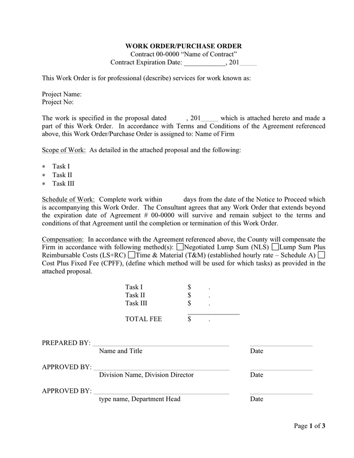 Work order / purchase order template in Word and Pdf formats