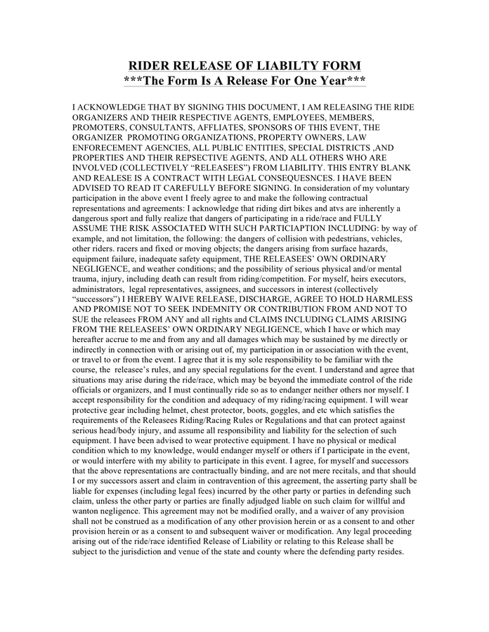 Rider Realease Of Liabilty Form In Word And Pdf Formats
