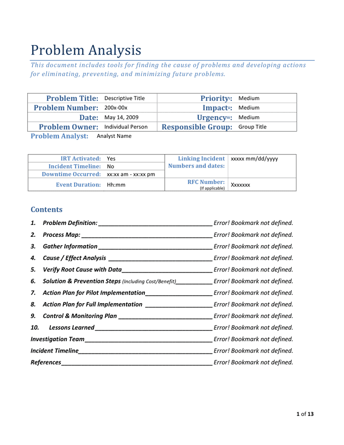 Problem Analysis Template In Word And Pdf Formats