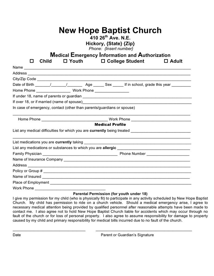 Church Medical Information And Authorization Form In Word And Pdf Formats 9205