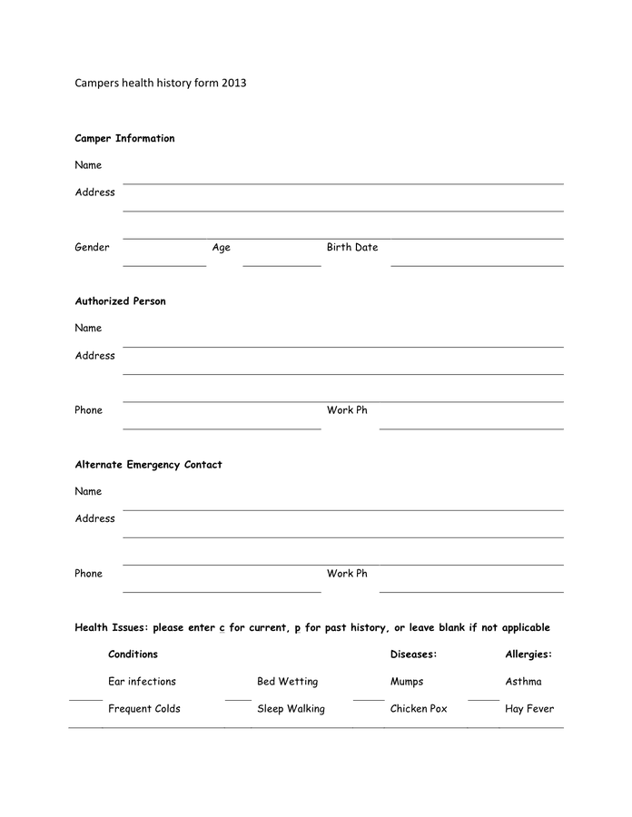 Campers Health History Form In Word And Pdf Formats