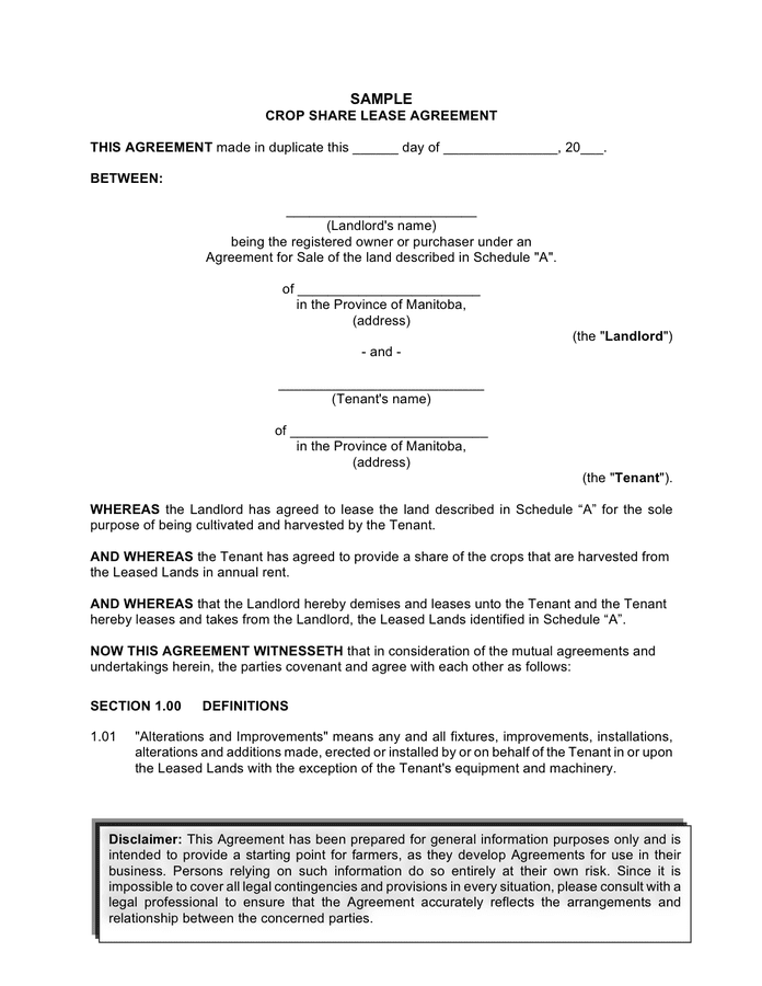 Crop share lease agreement template (Canada) in Word and Pdf formats