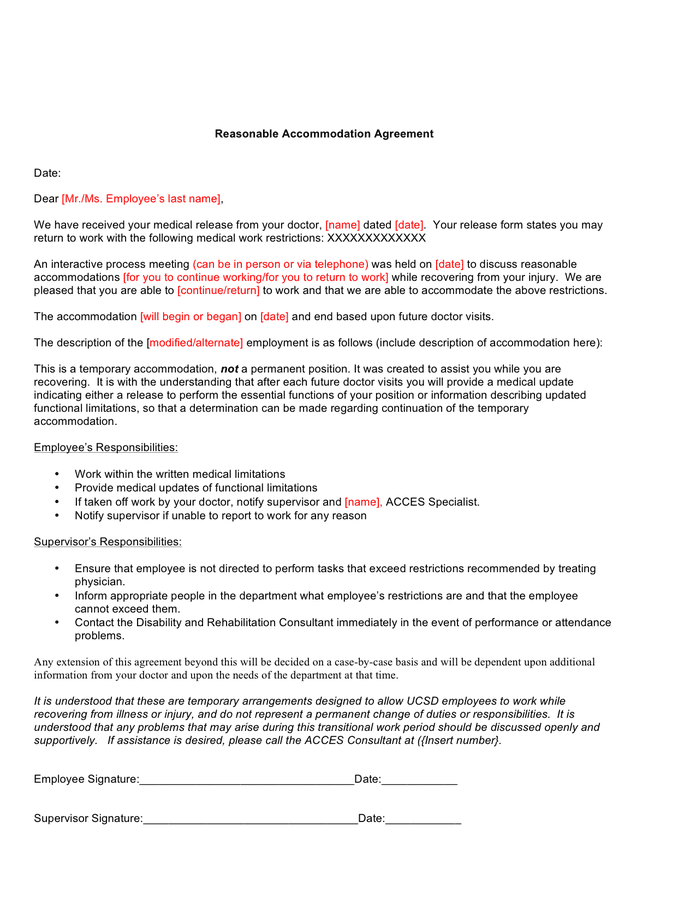 Reasonable Accommodation Agreement Sample In Word And Pdf Formats