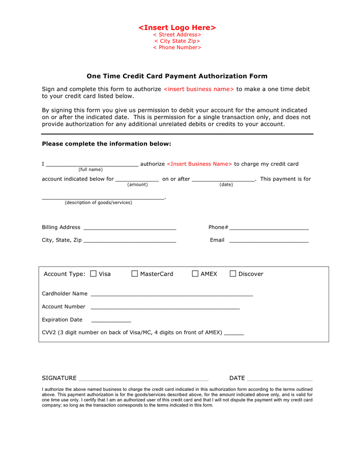 Credit Card Payment Authorization Form Template in Word and Pdf formats