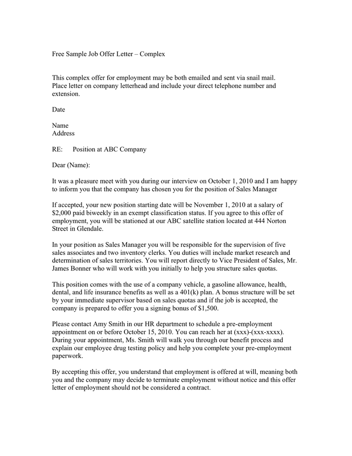 Sales Job Offer Letter Template