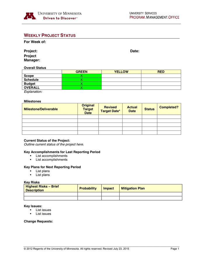 Weekly Project Status Report In Word And Pdf Formats
