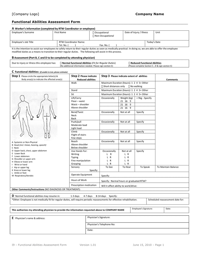 Functional abilities assessment form in Word and Pdf formats