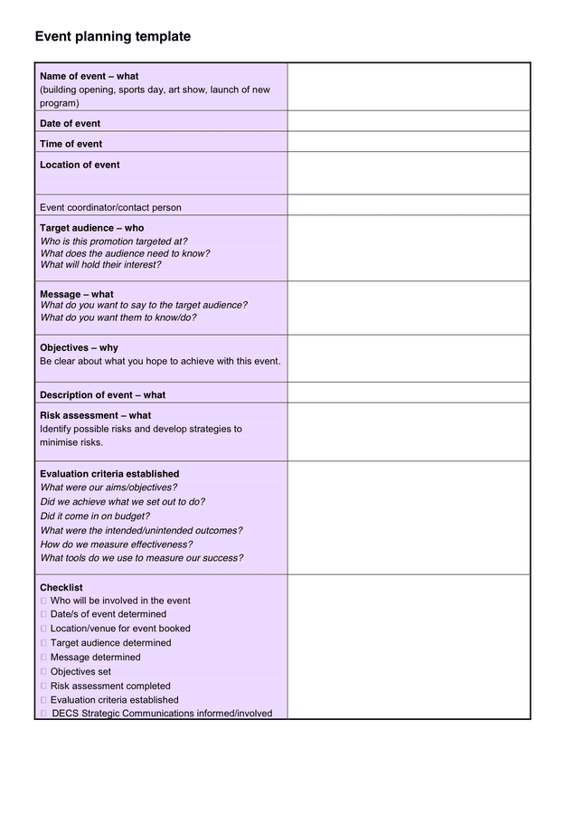 Event planning template in Word and Pdf formats