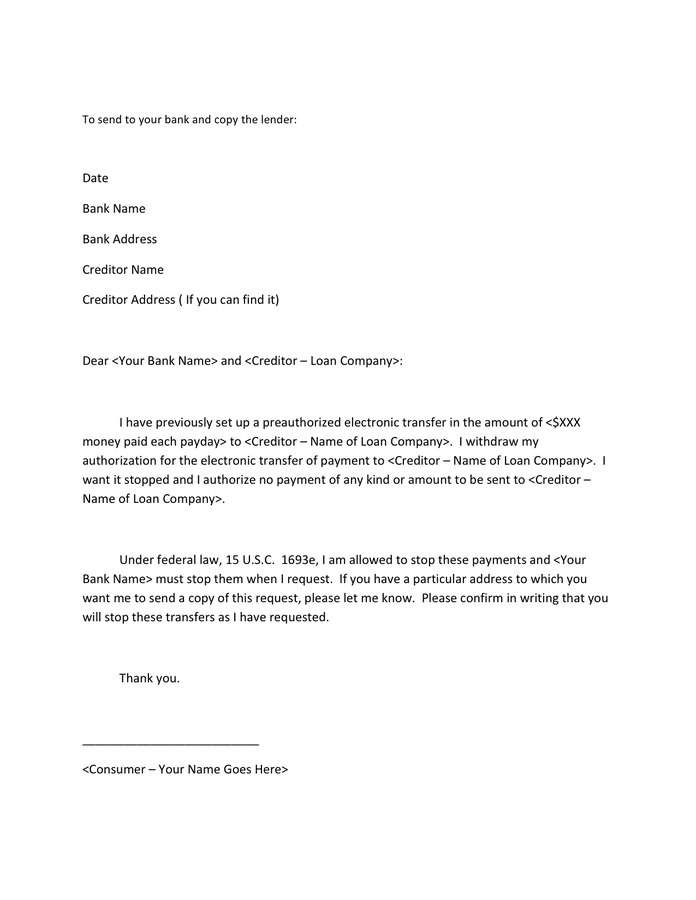 Sample ACH Withdrawal Letters in Word and Pdf formats - page 2 of 3