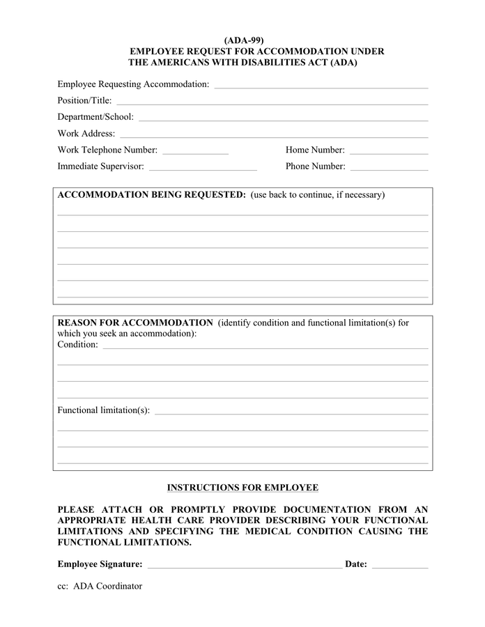 Employee request for accommodations form in Word and Pdf formats page