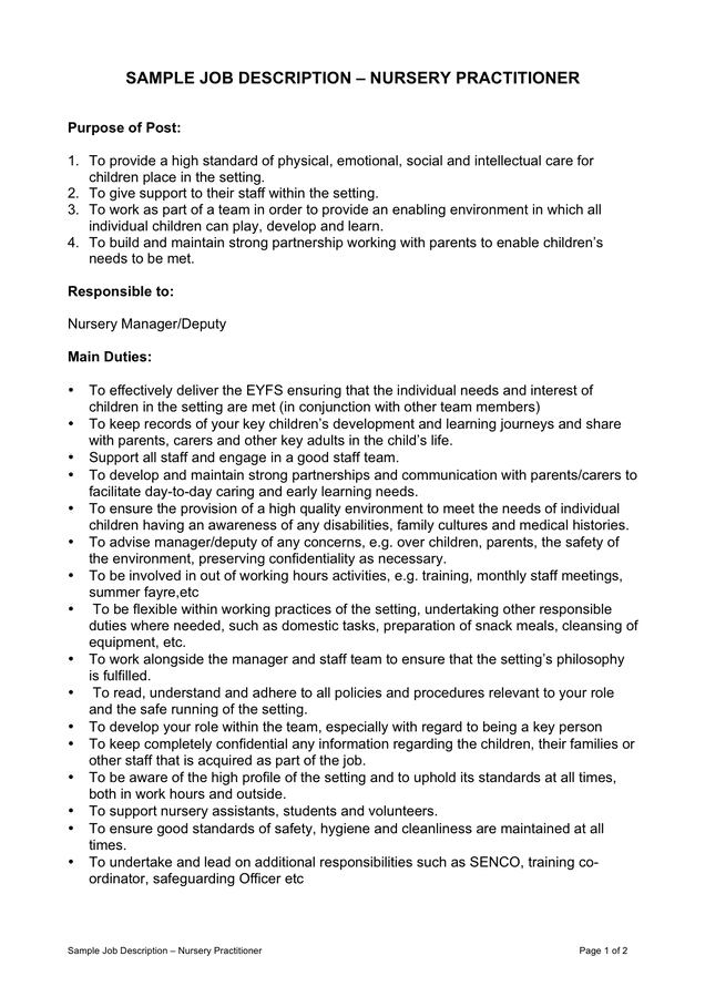 Nursery Practitioner Sample Job Description In Word And Pdf Formats