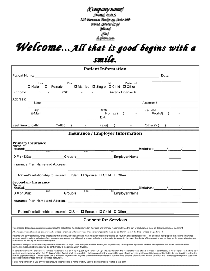 Dental patient information forms in Word and Pdf formats