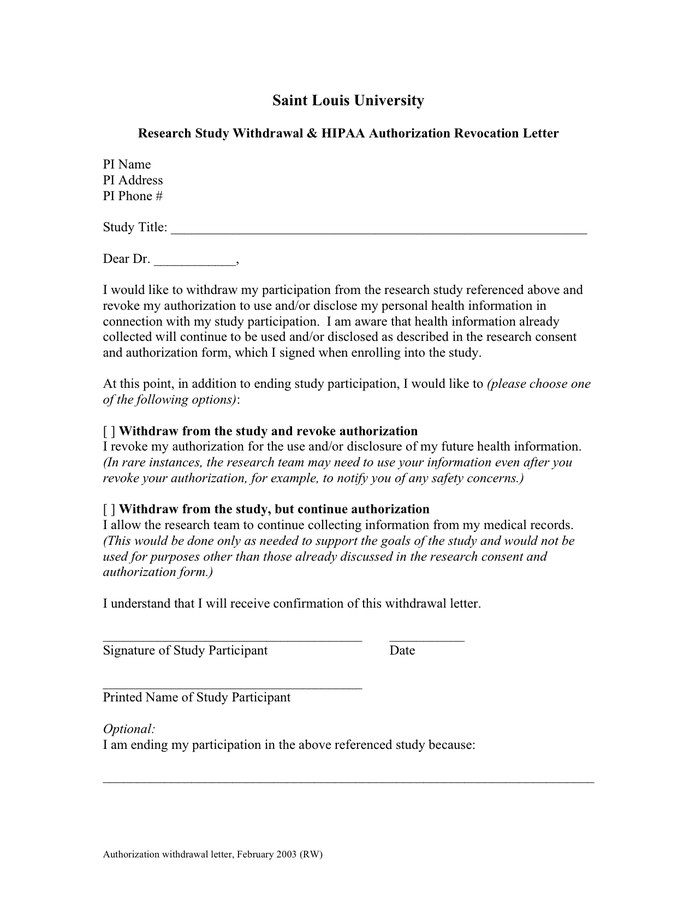 University Authorization Withdrawal Letter In Word And Pdf Formats