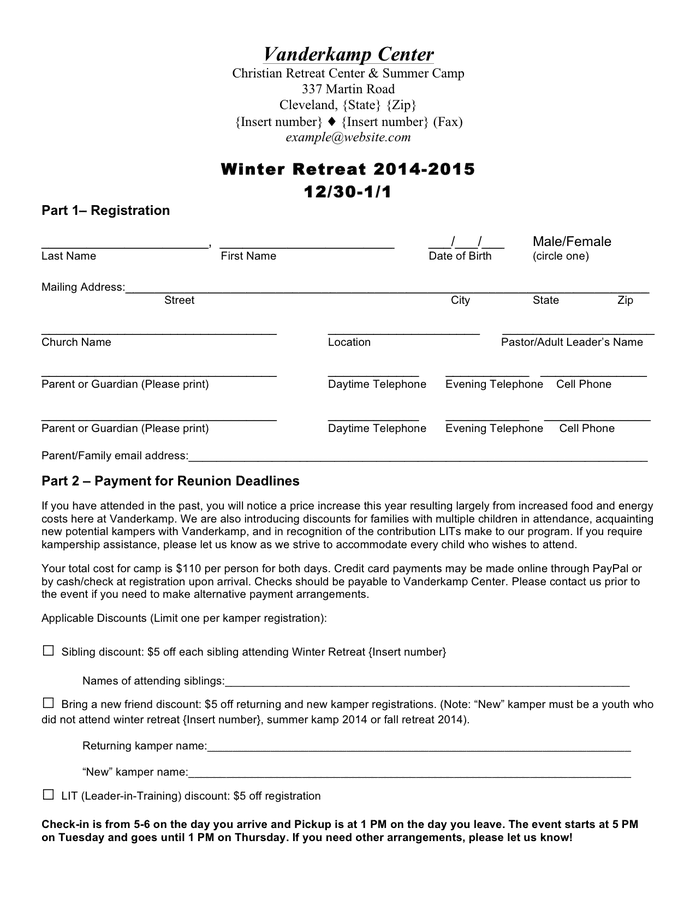 Summer Camp Registration Form Format