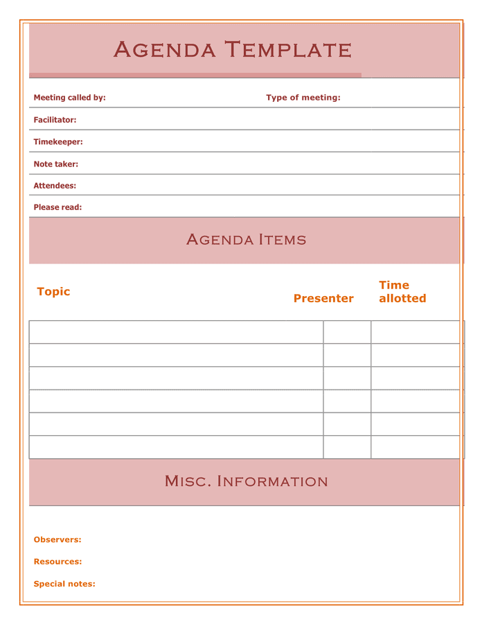 Agenda Template In Word And Pdf Formats