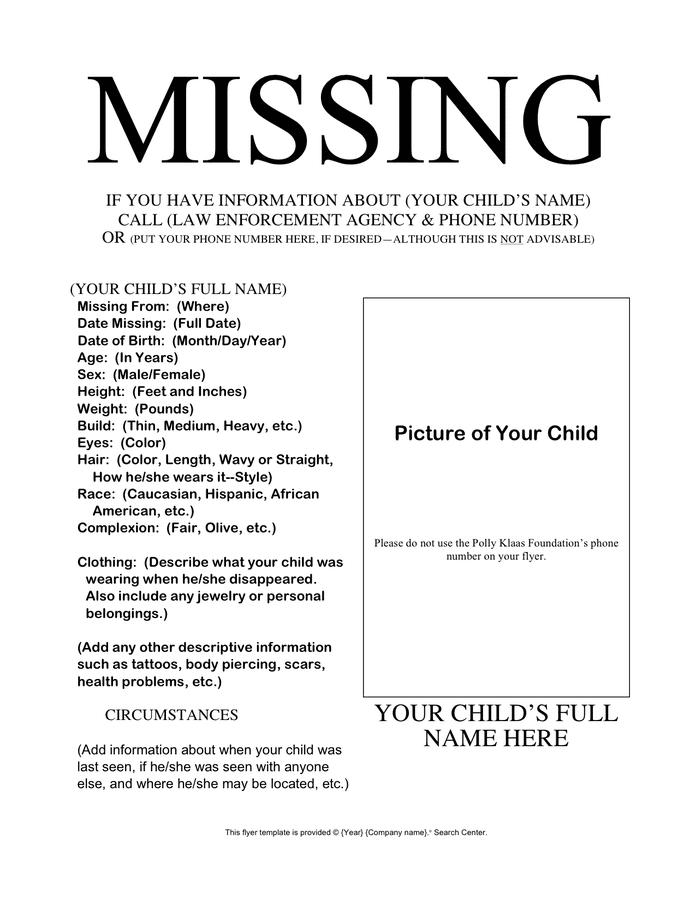 Missing child flyer template in Word and Pdf formats