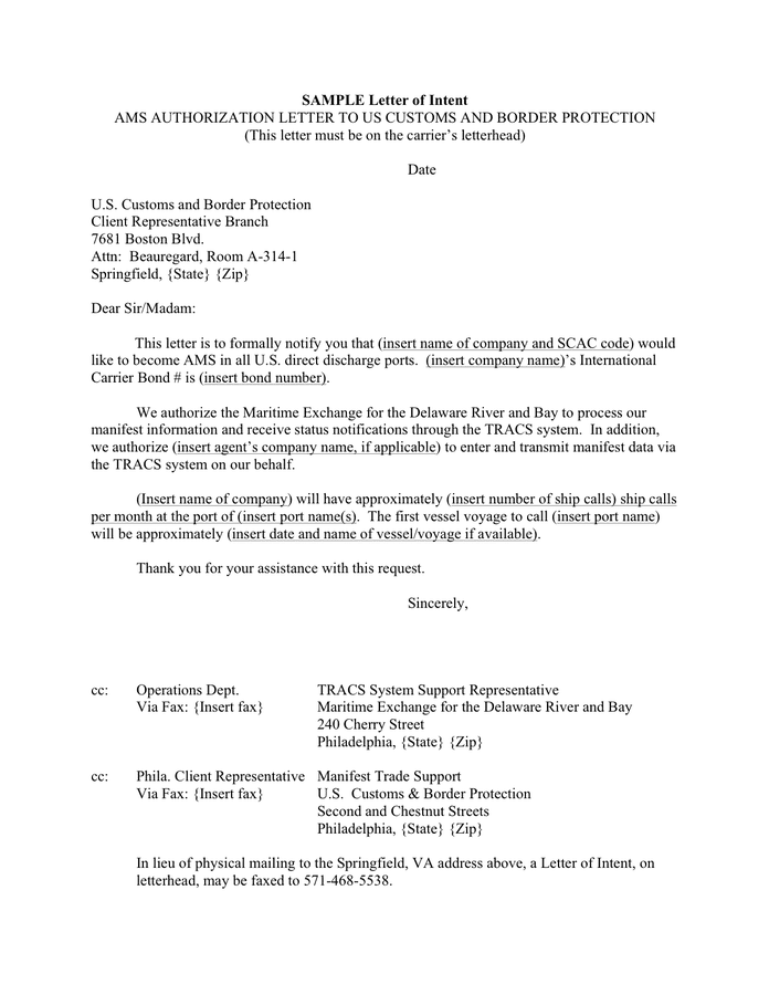 Sample AMS authorization letter to us customs and border protection in