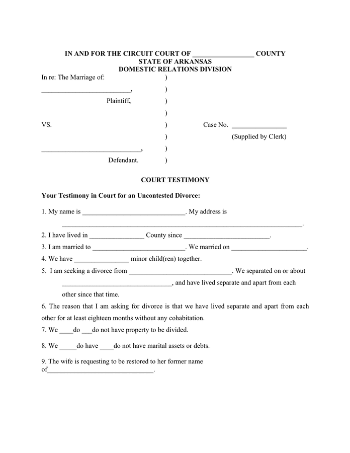 Free Printable Arkansas Divorce Papers