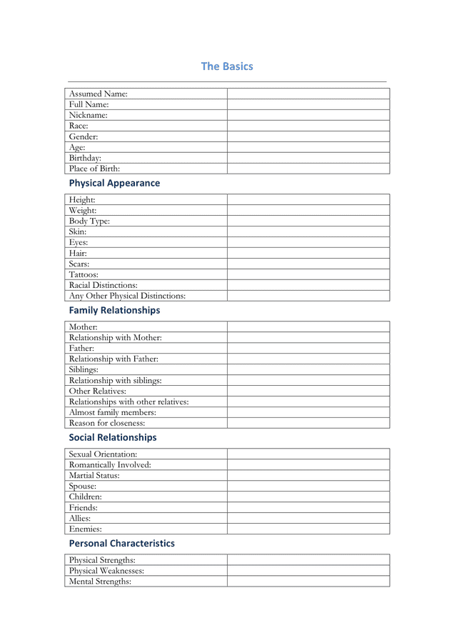 Character profile sheet template in Word and Pdf formats