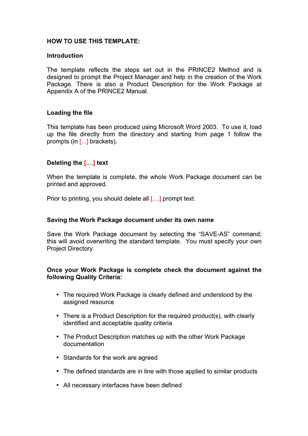 Work Package Template In Word And Pdf Formats Work Package Template In Word And Pdf Formats