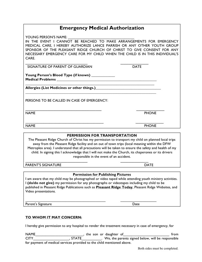 Emergency Medical Authorization Form In Word And Pdf Formats