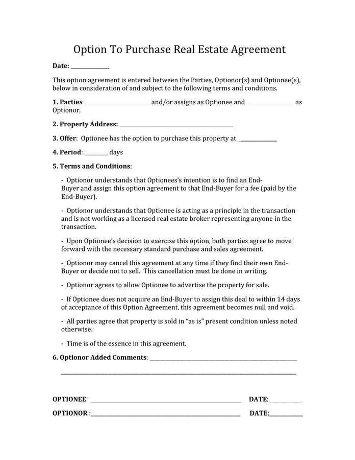 Option To Purchase Real Estate Agreement In Word And Pdf Formats