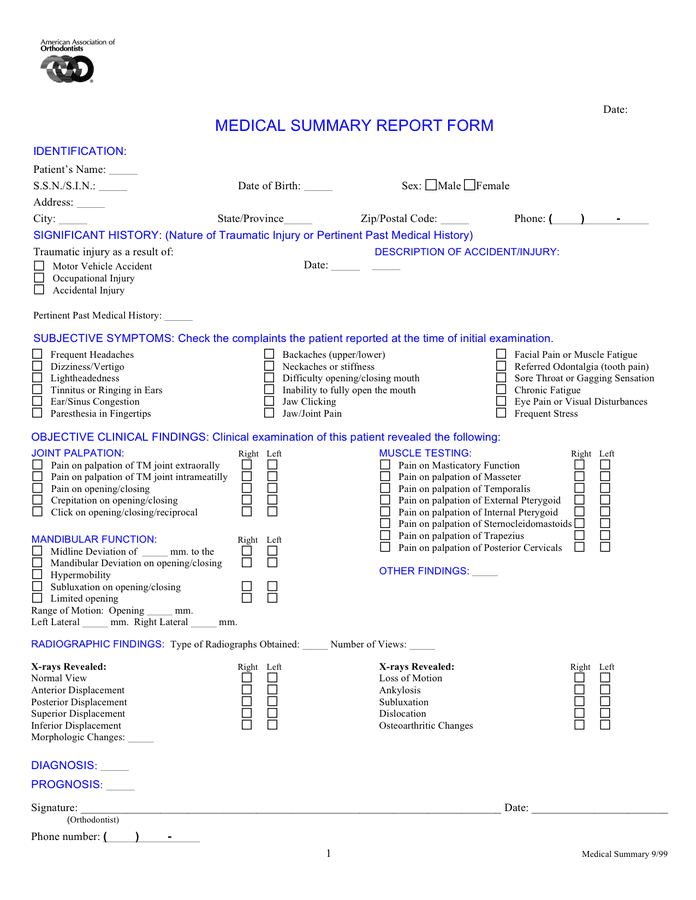 Medical summary report form in Word and Pdf formats