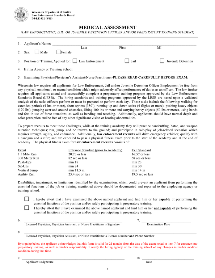 Medical Assessment Form Wisconsin In Word And Pdf Formats