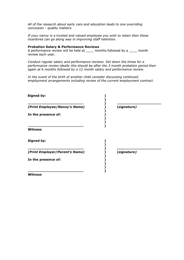 Nanny Employment Contract in Word and Pdf formats page 4 of 4