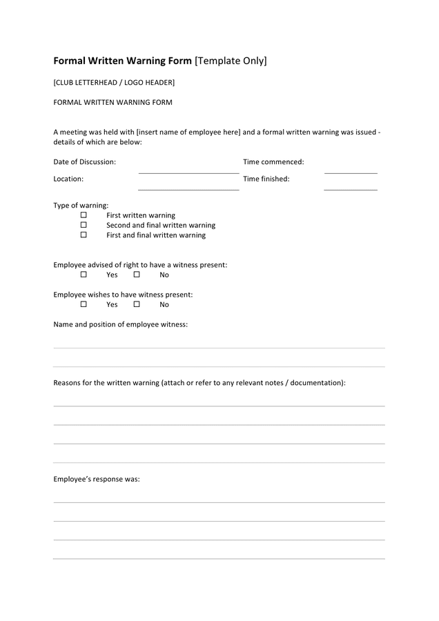 Formal written warning form in Word and Pdf formats