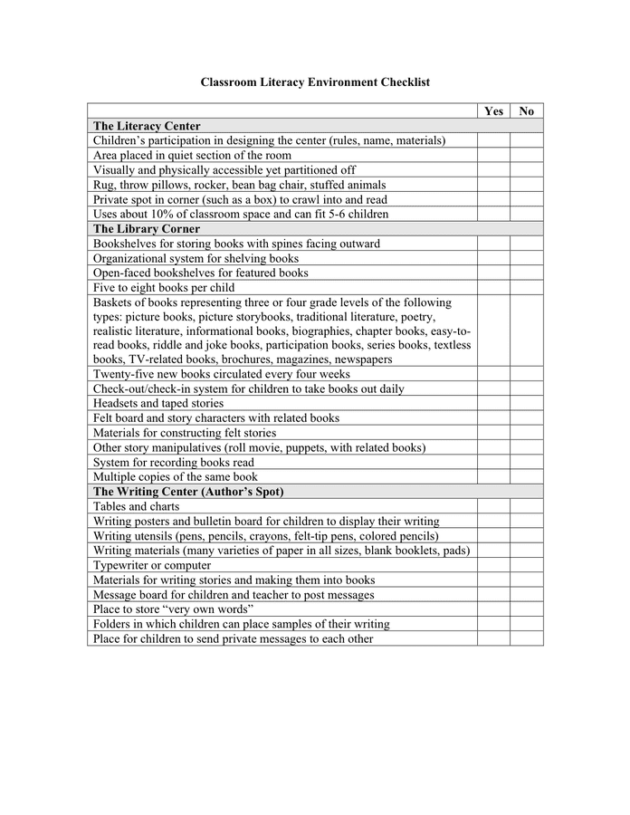 Classroom Literacy Environment Checklist In Word And Pdf Formats