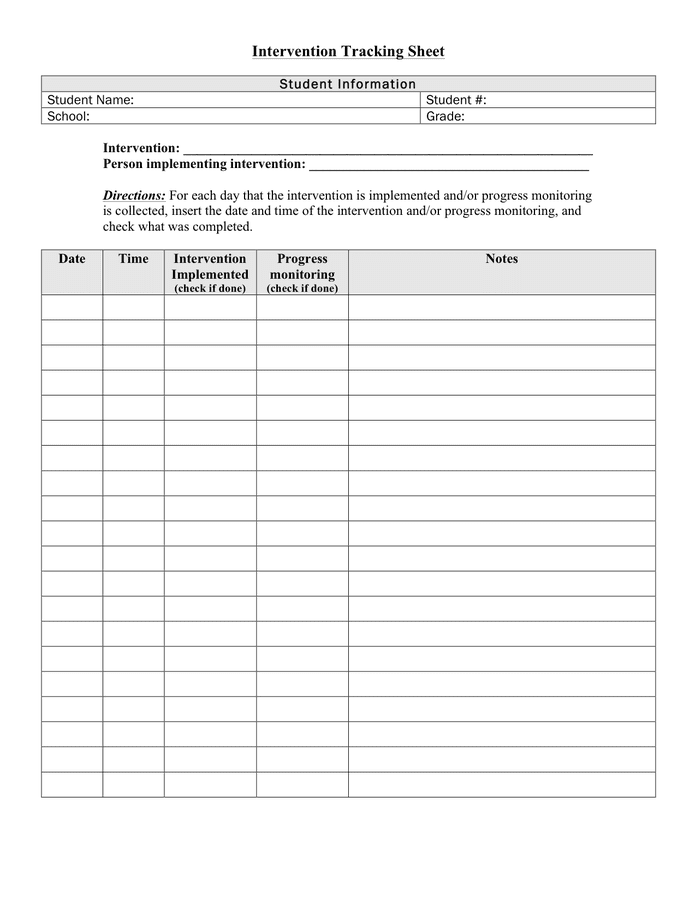 School intervention tracking sheet in Word and Pdf formats