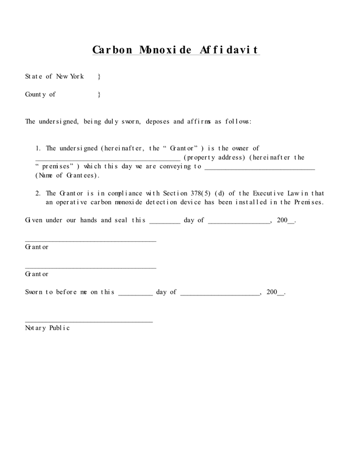 Carbon monoxide affidavit (New York) in Word and Pdf formats
