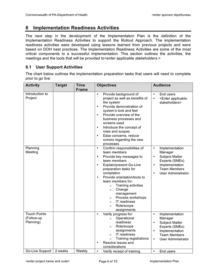 Project implementation plan template in Word and Pdf formats page 9 of 13